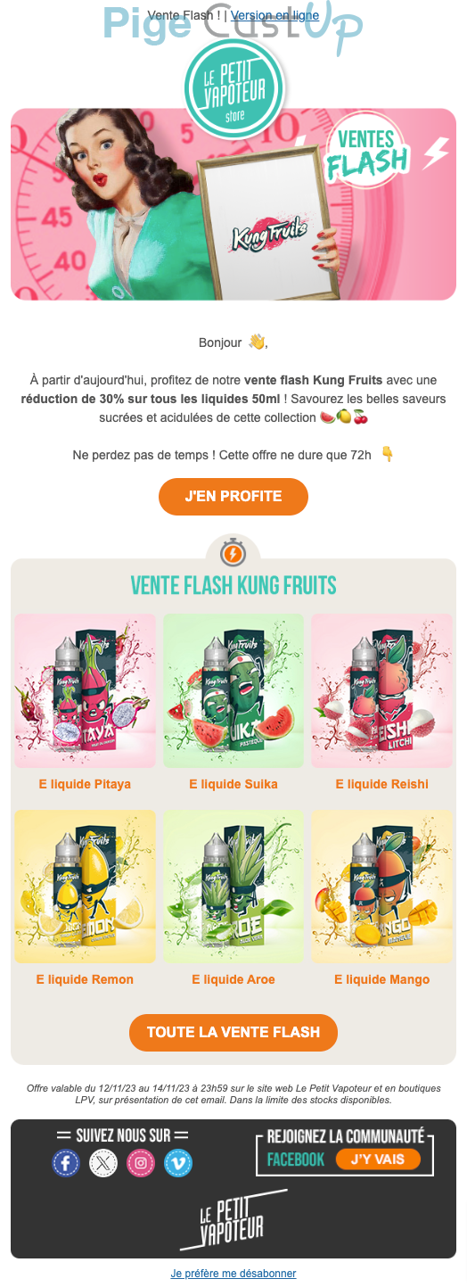 Exemple de Type de media  e-mailing - Le Petit Vapoteur - Marketing Acquisition - Ventes flash, soldes, demarque, promo, réduction