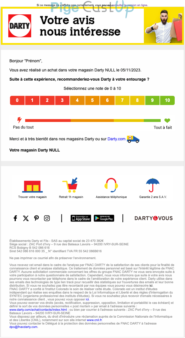 Exemple de Type de media  e-mailing - Darty - Enquêtes Clients - NPS / Avis clients