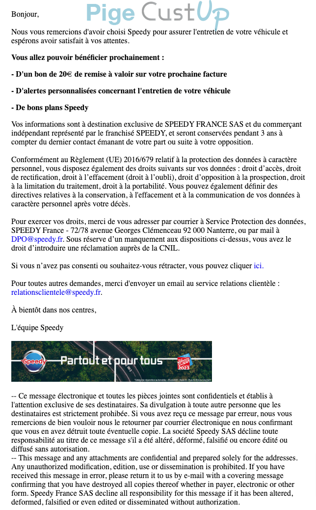 Exemple de Type de media  e-mailing - Speedy - Marketing relationnel - Données clients / RGPD