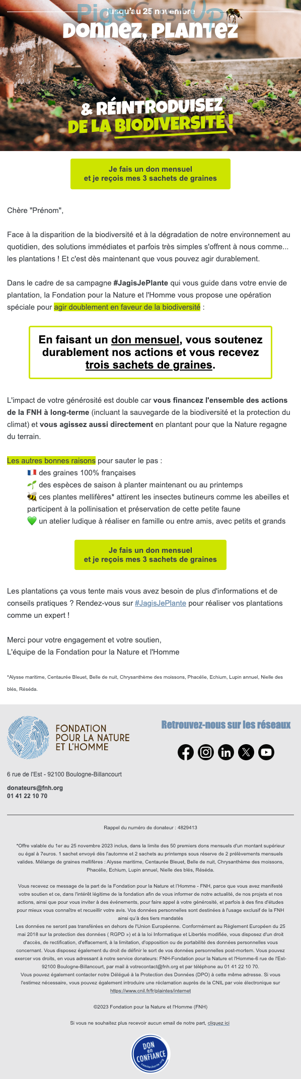 Exemple de Type de media  e-mailing - Fondation pour la Naure et l'Homme - Marketing Acquisition - Collecte de dons - Gratuit - Cadeau