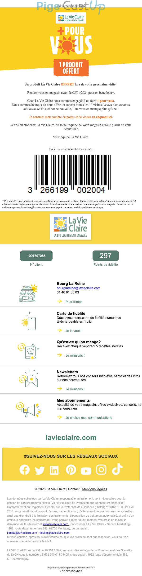 Exemple de Type de media  e-mailing - La Vie Claire - Marketing fidélisation - Animation / Vie du Programme de Fidélité - Points et statut - Recompenses - Marketing Acquisition - Gratuit - Cadeau