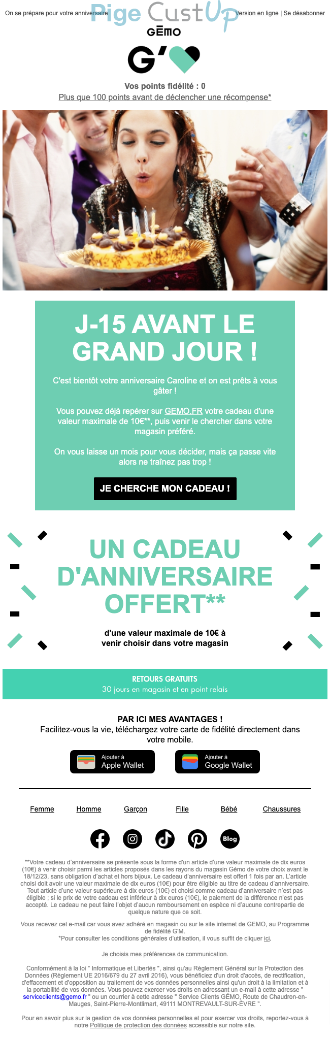 Exemple de Type de media  e-mailing - Gémo - Marketing relationnel - Anniversaire / Fête contact - Marketing Acquisition - Gratuit - Cadeau