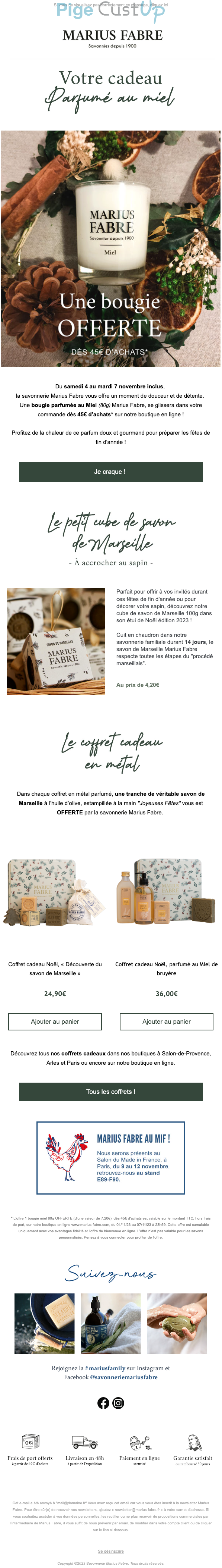 Exemple de Type de media  e-mailing - Marius Fabre - Marketing Acquisition - Gratuit - Cadeau - Marketing relationnel - Newsletter