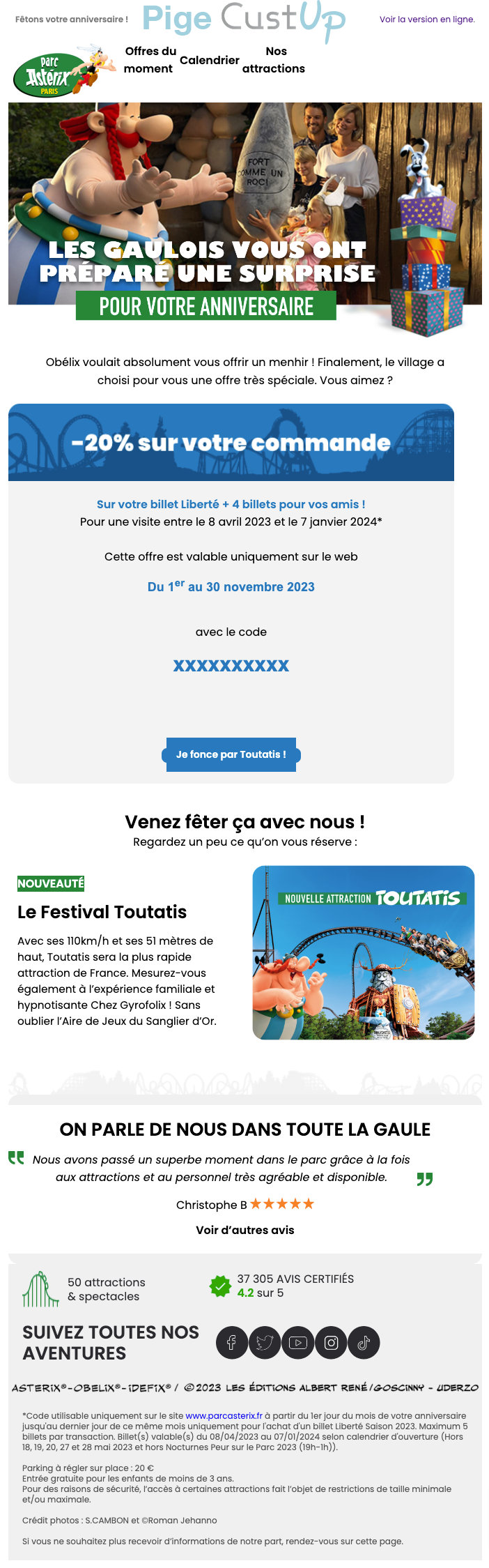 Exemple de Type de media  e-mailing - Parc Astérix - Marketing relationnel - Anniversaire / Fête contact