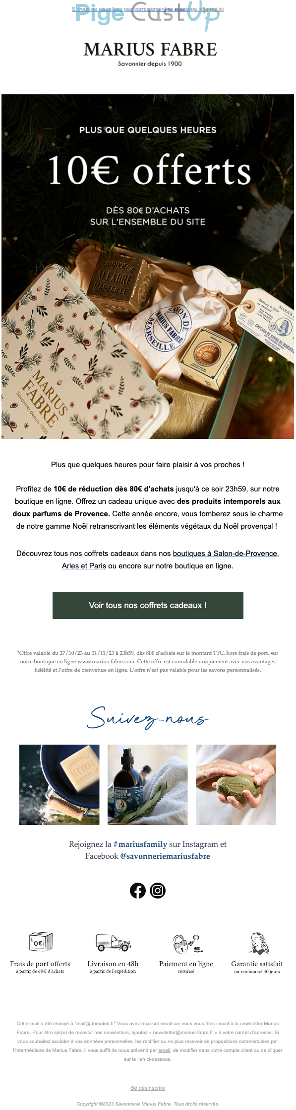 Exemple de Type de media  e-mailing - Marius Fabre - Marketing relationnel - Calendaire (Noël, St valentin, Vœux, …) - Marketing Acquisition - Derniers jours