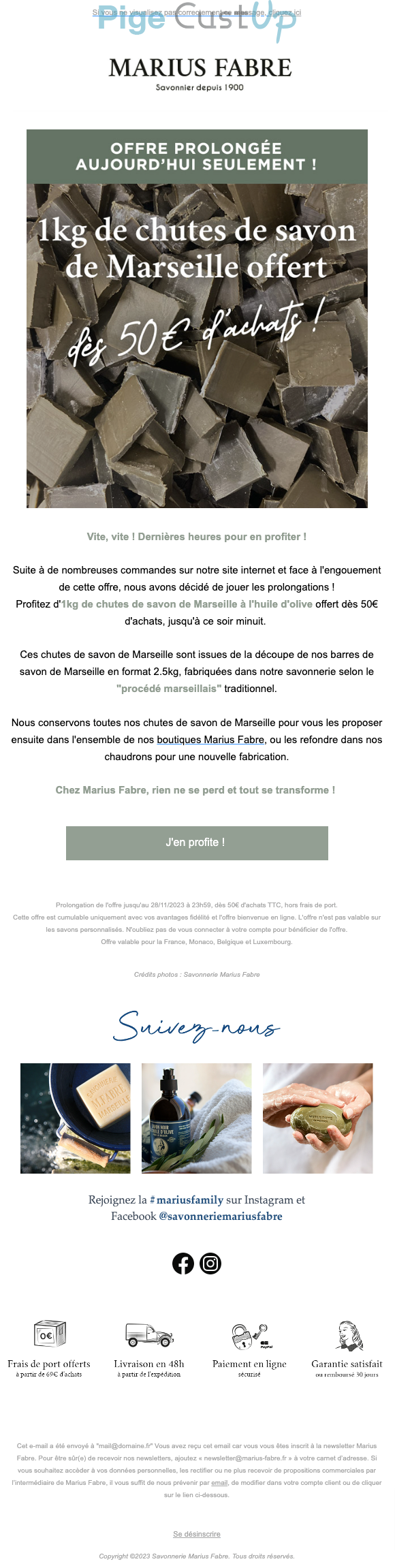 Exemple de Type de media  e-mailing - Marius Fabre - Marketing Acquisition - Derniers jours - Ventes flash, soldes, demarque, promo, réduction