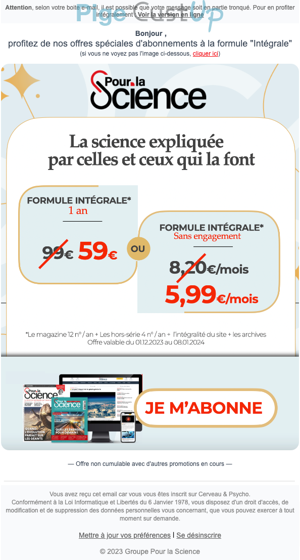 Exemple de Type de media  e-mailing - Pour la Science - Marketing Acquisition - Acquisition abonnements