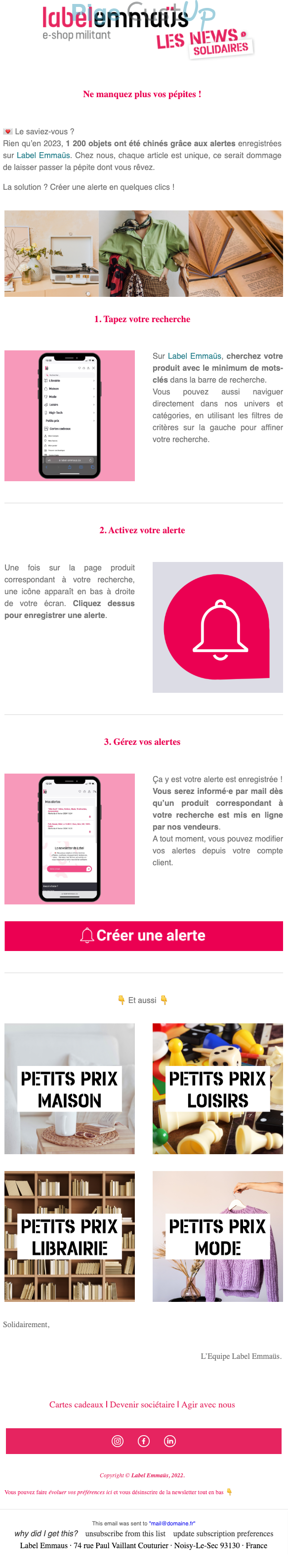 Exemple de Type de media  e-mailing - Emmaüs - Marketing marque - Communication Services - Nouveaux Services - Marketing relationnel - Newsletter