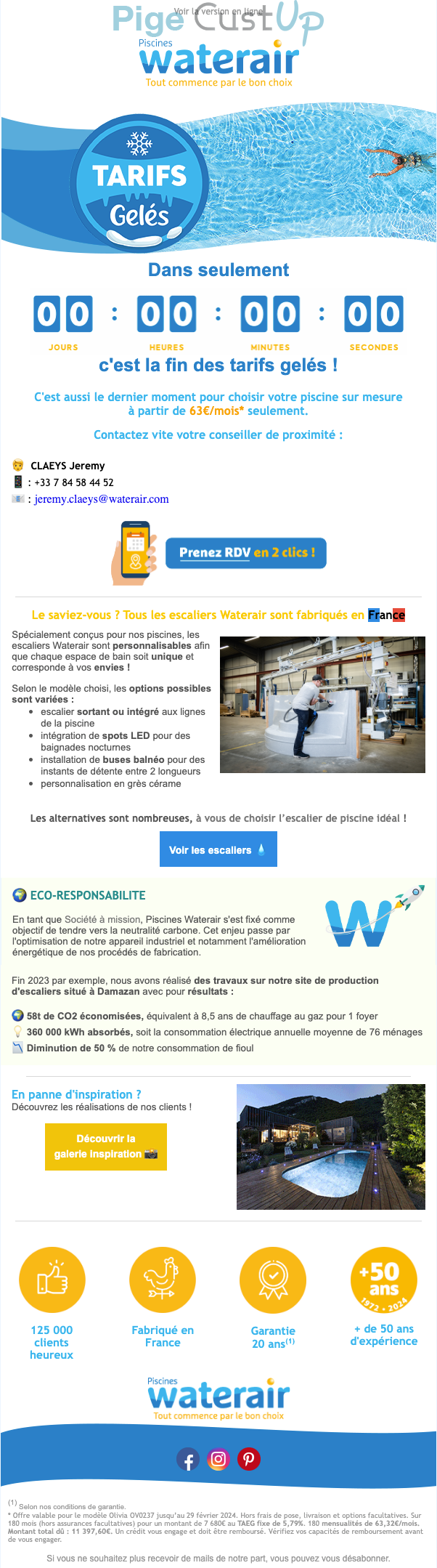 Exemple de Type de media  e-mailing - Piscines Waterair - Acquisition de leads - Gèle des tarifs