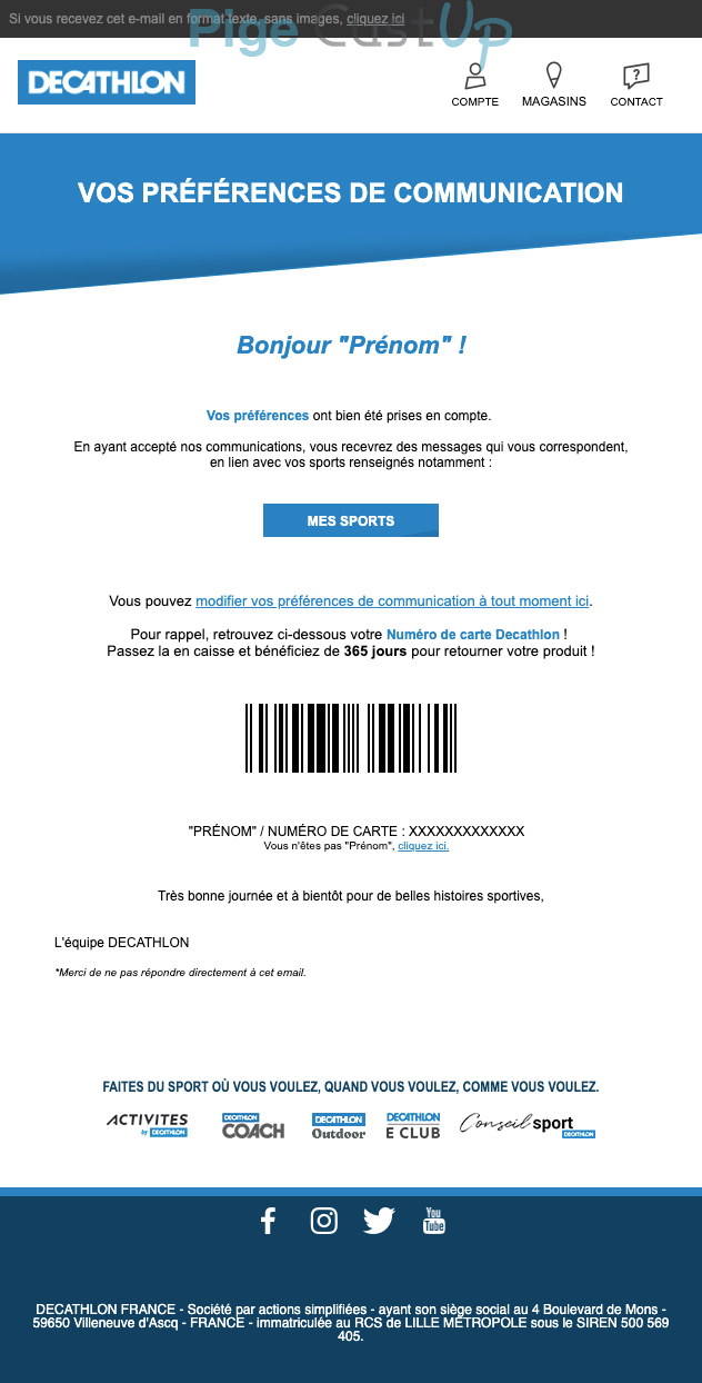 Exemple de Type de media  e-mailing - Décathlon - Marketing fidélisation - Programme de fid. / Consentement
