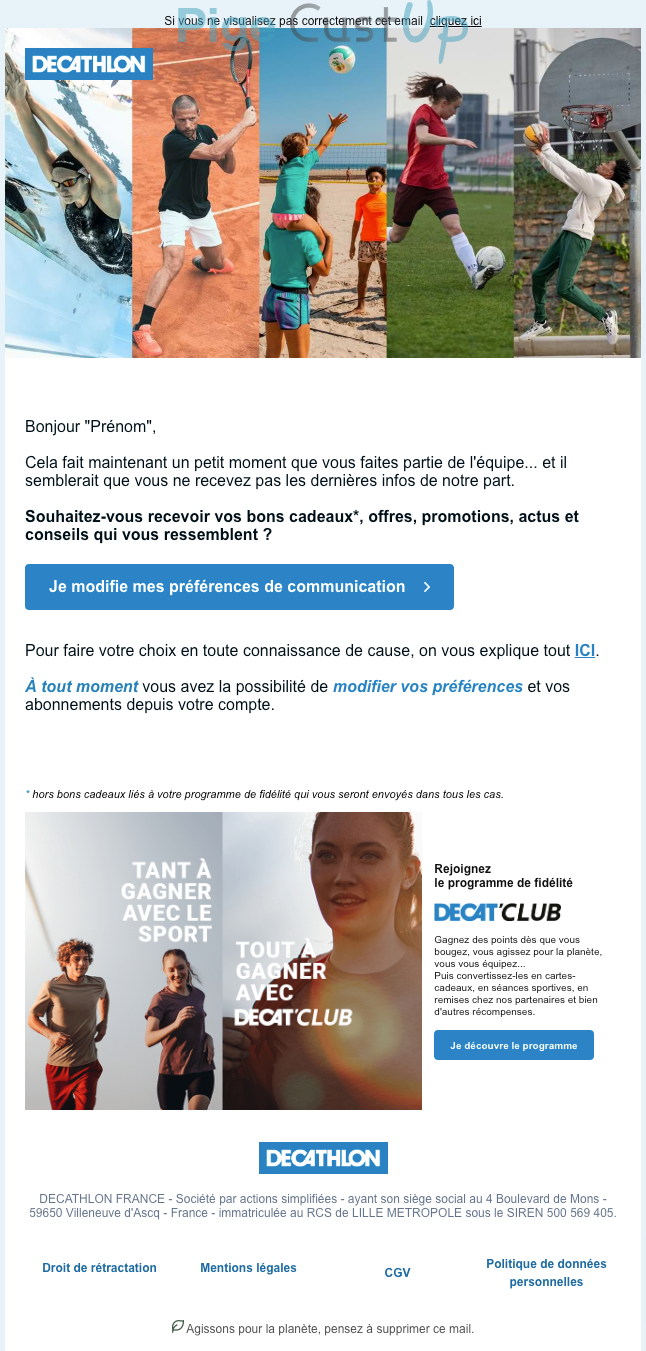 Exemple de Type de media  e-mailing - Décathlon - Marketing Acquisition - Relance inactifs