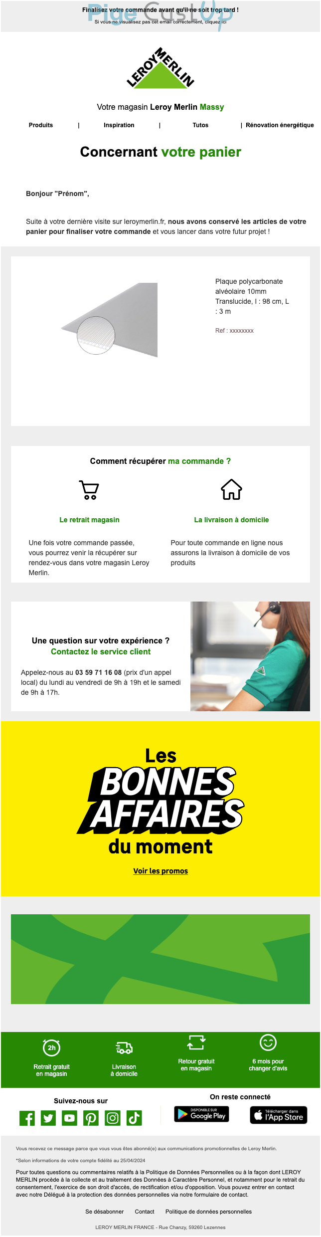 Exemple de Type de media  e-mailing - Leroy Merlin - Marketing Acquisition - Panier abandonné